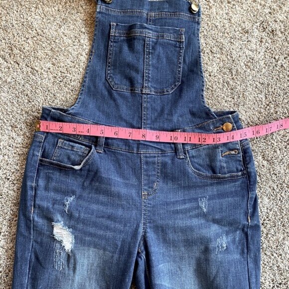 Wax Jean ankle length skinny leg stretch distressed denim overalls. Size S - Picture 9 of 12